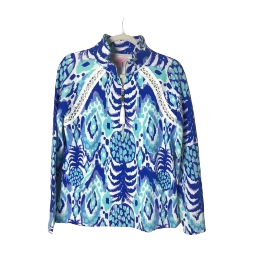 Lilly Pulitzer Popover Pineapple Print Blue White Quarter Zip Pullover Size S